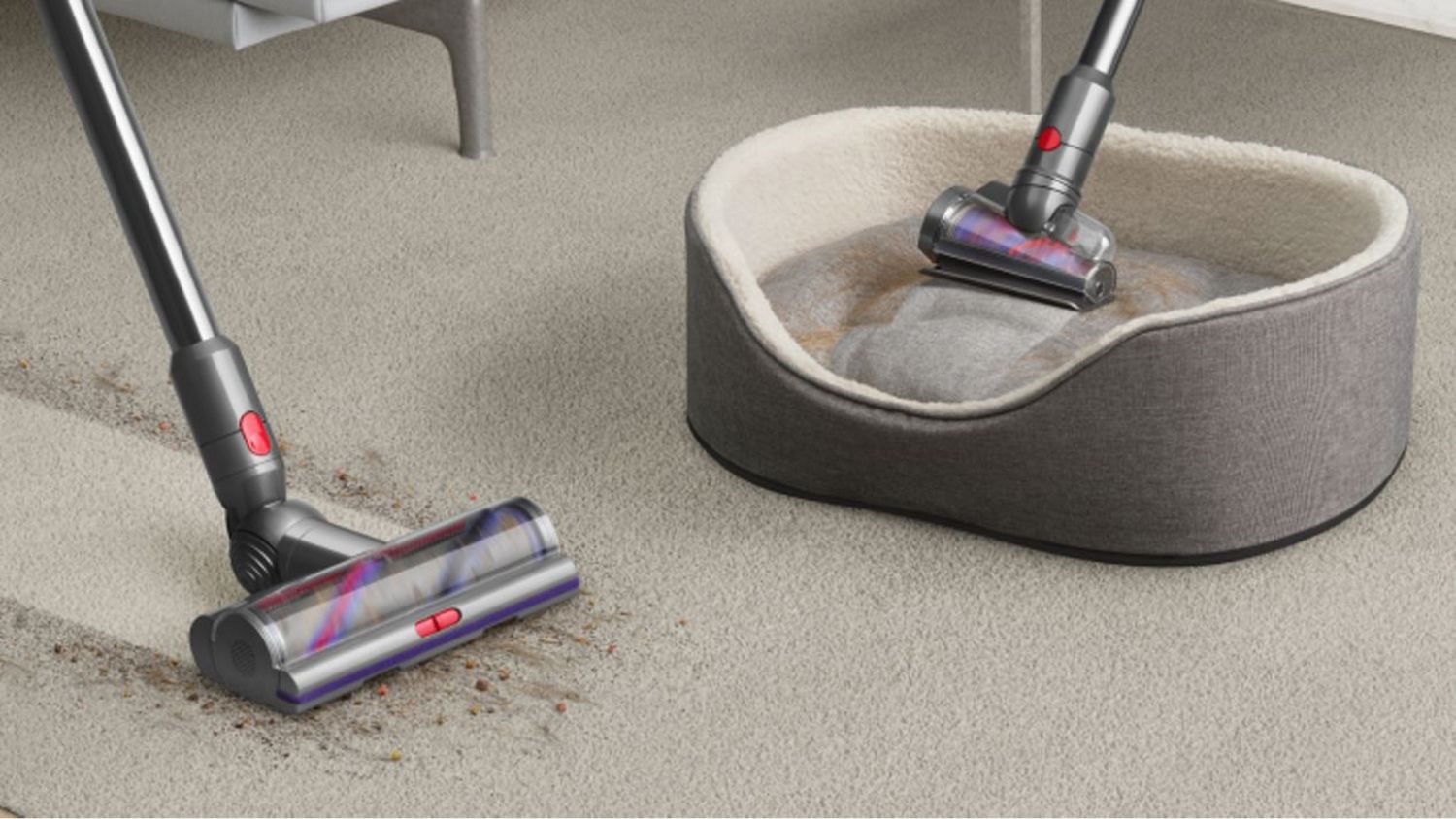 A close up of the Dyson V12 Detect Slim motorbar cleaning debris and the Hair Screw Tool cleaning a pet bed.